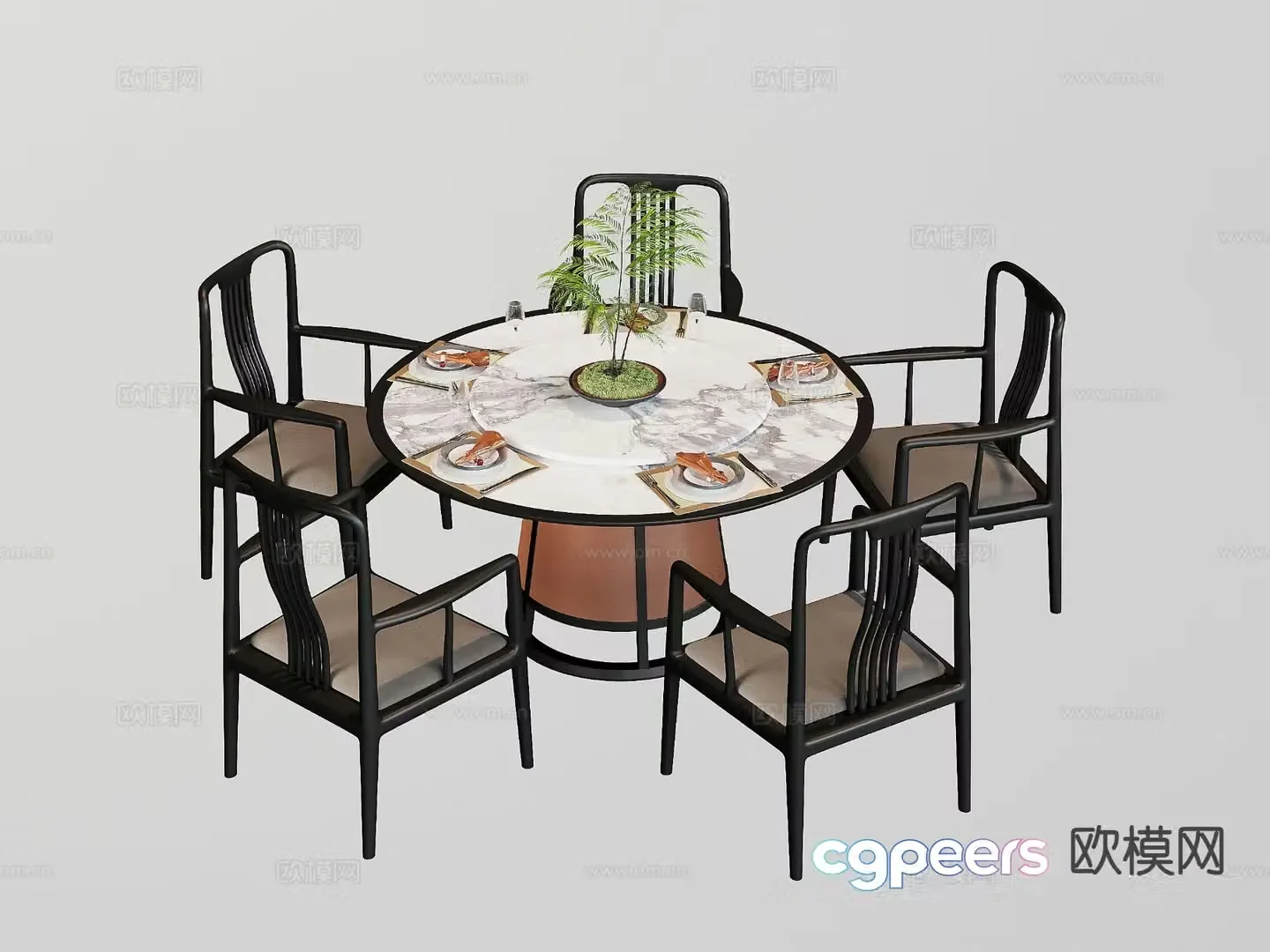 New Chinese style dining table and chairs round dining table 3d model