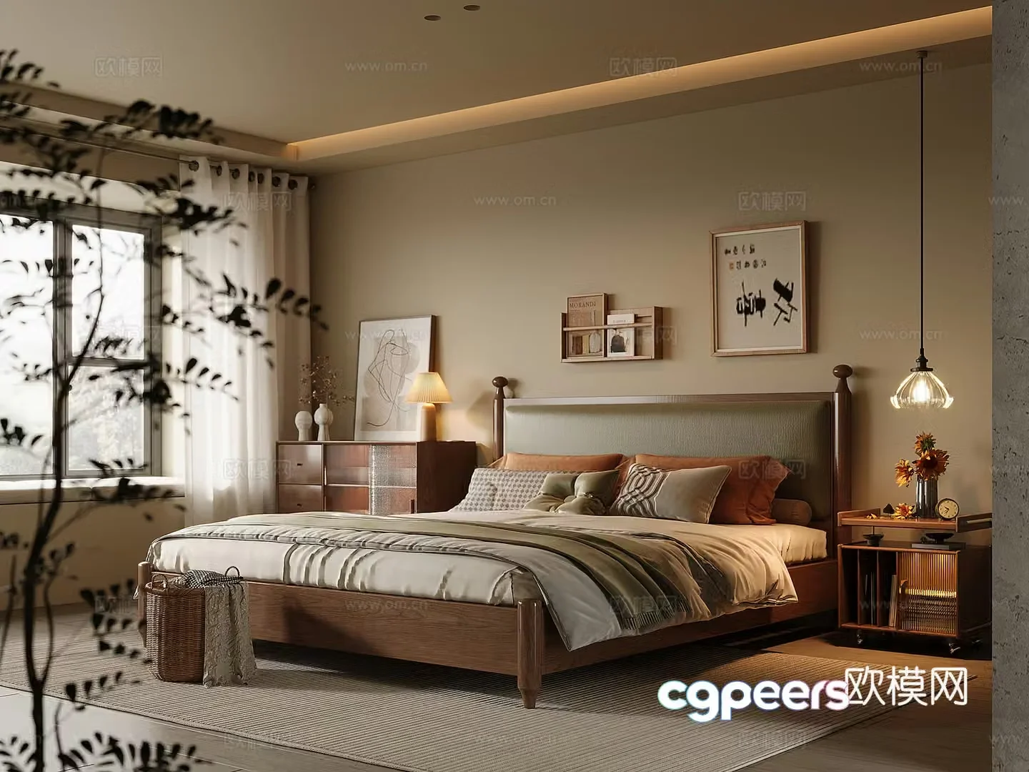 Middle-aged home bedroom solid wood double bed bedside table decorative side cabinet chandeliers 3d model