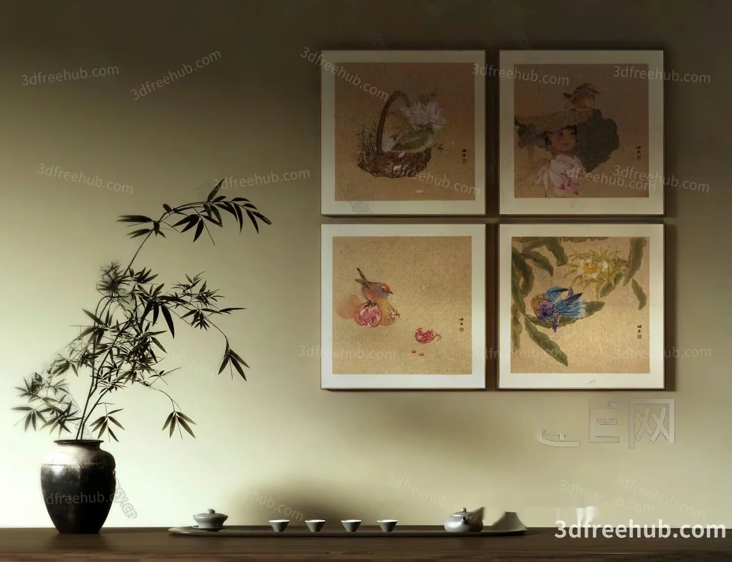 A Collection Of Framed Asian-Style Art 3D Model – 22889 – VRAY Render