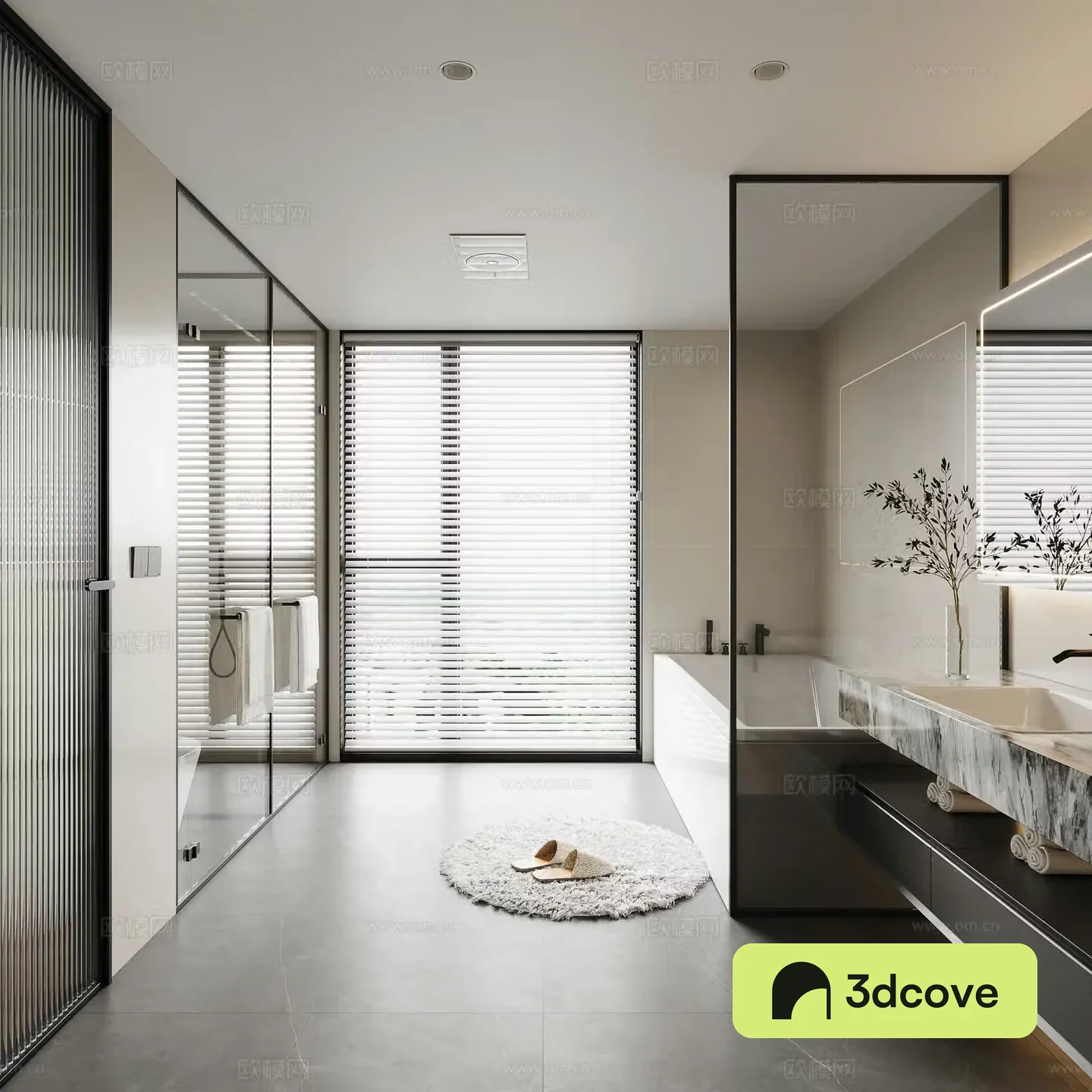 Modern bathroom Bathtub Glass partition Bath heater Round carpet