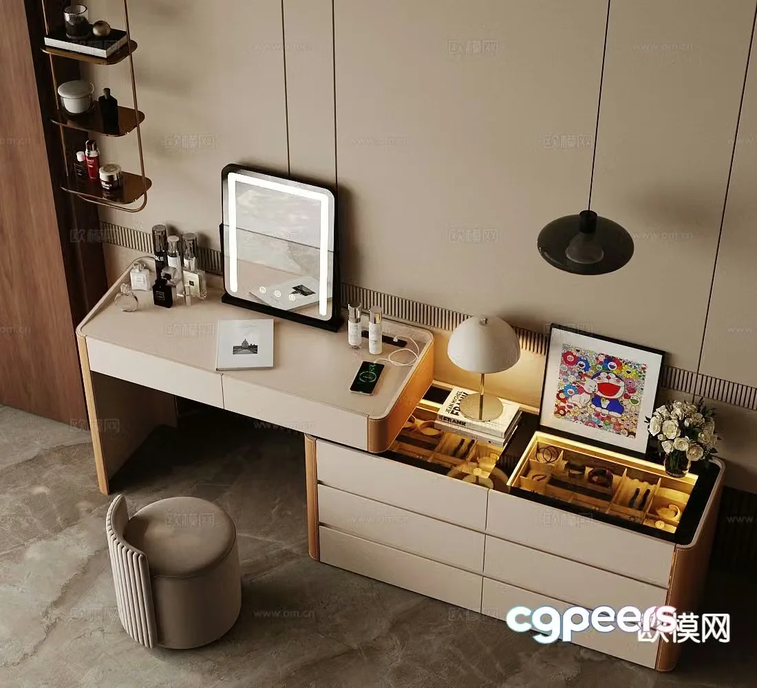 Light luxury dressing table makeup stool jewelry cabinet 3D model