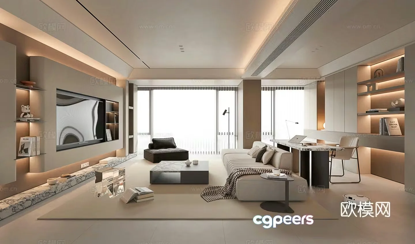 Modern style living and dining room without owner lights Living room and study integrated 3d model 3d model