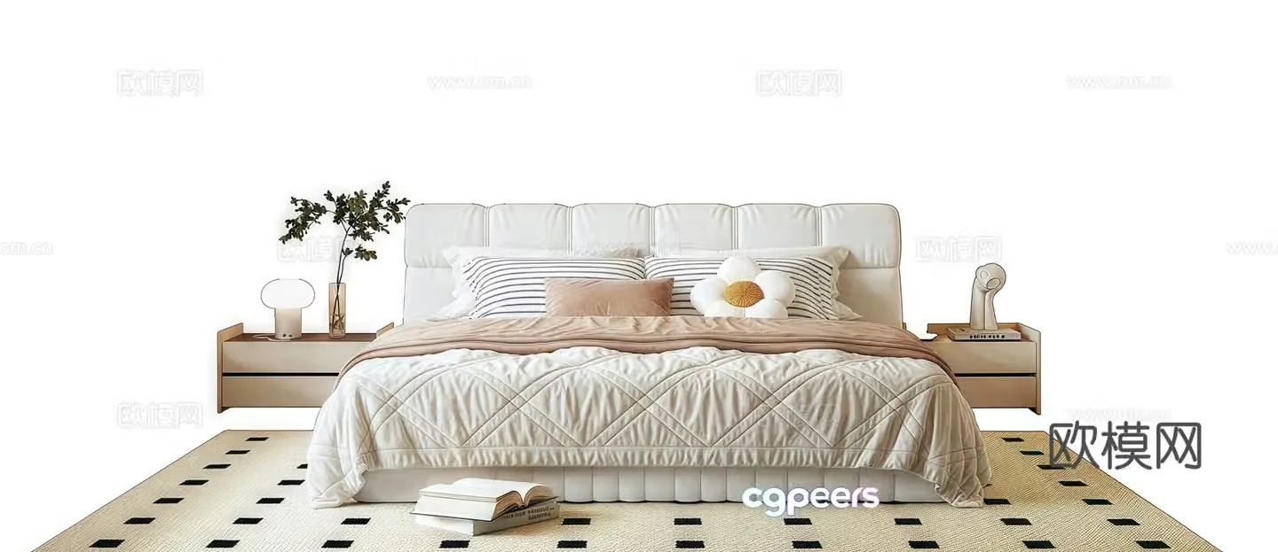 Modern double bed nightstand fabric double bed 3d model