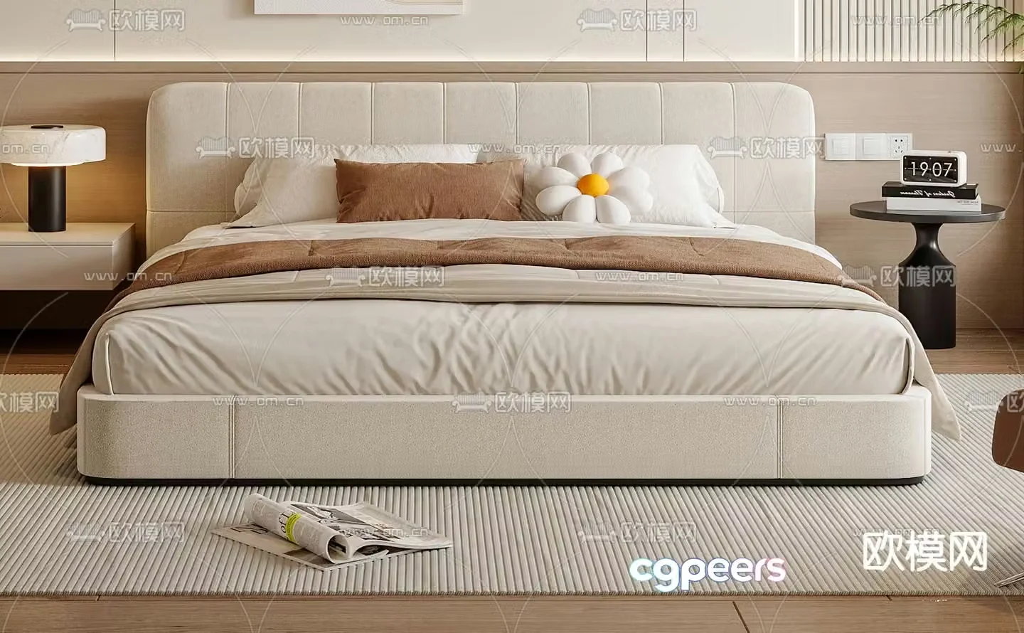 Cream style double bed 3d model