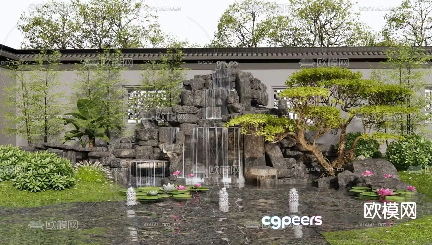New Chinese style rockery waterscape stacked rocks and falling water 3D model