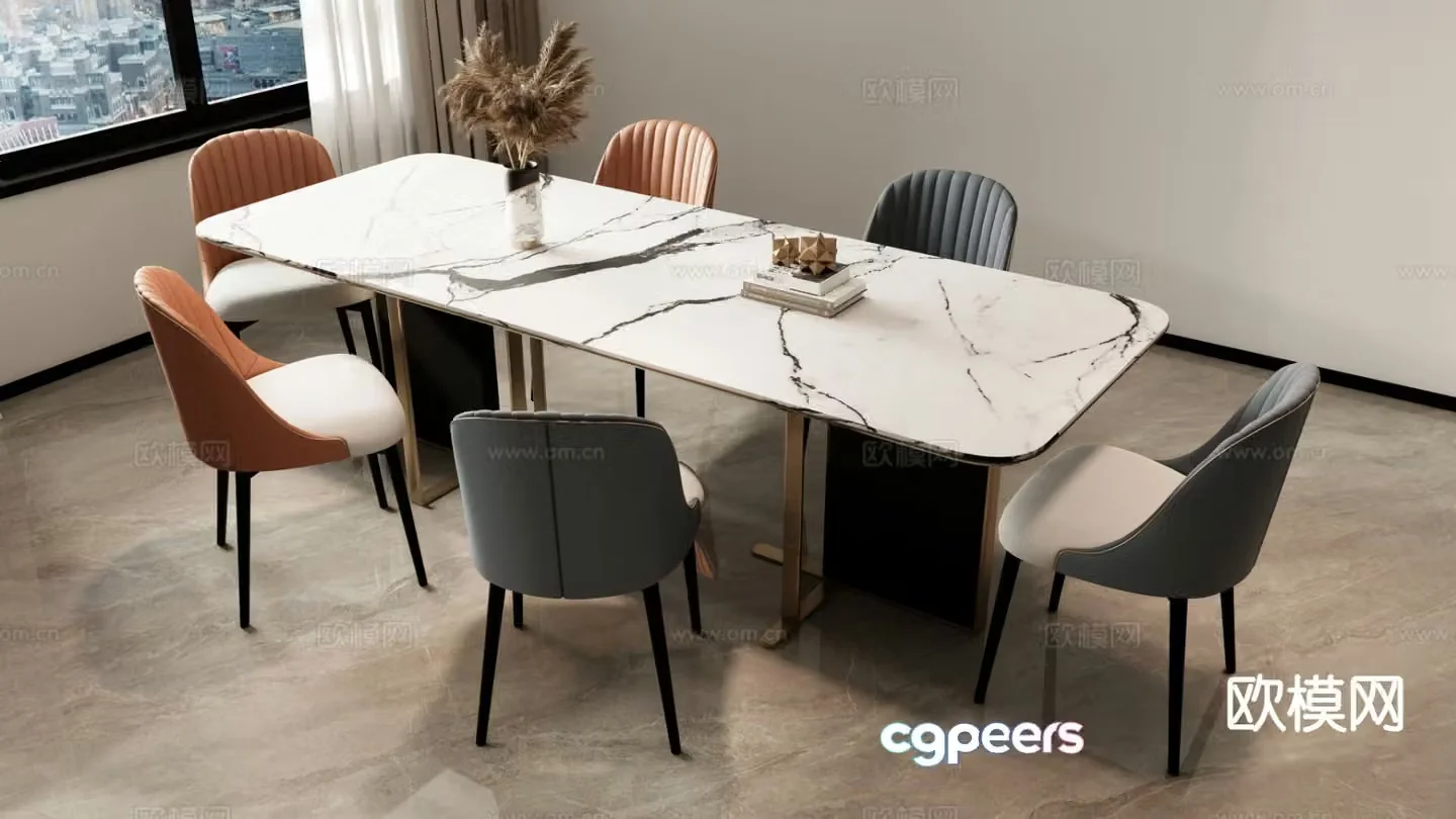 Light luxury dining table and chairs long dining table 3D model