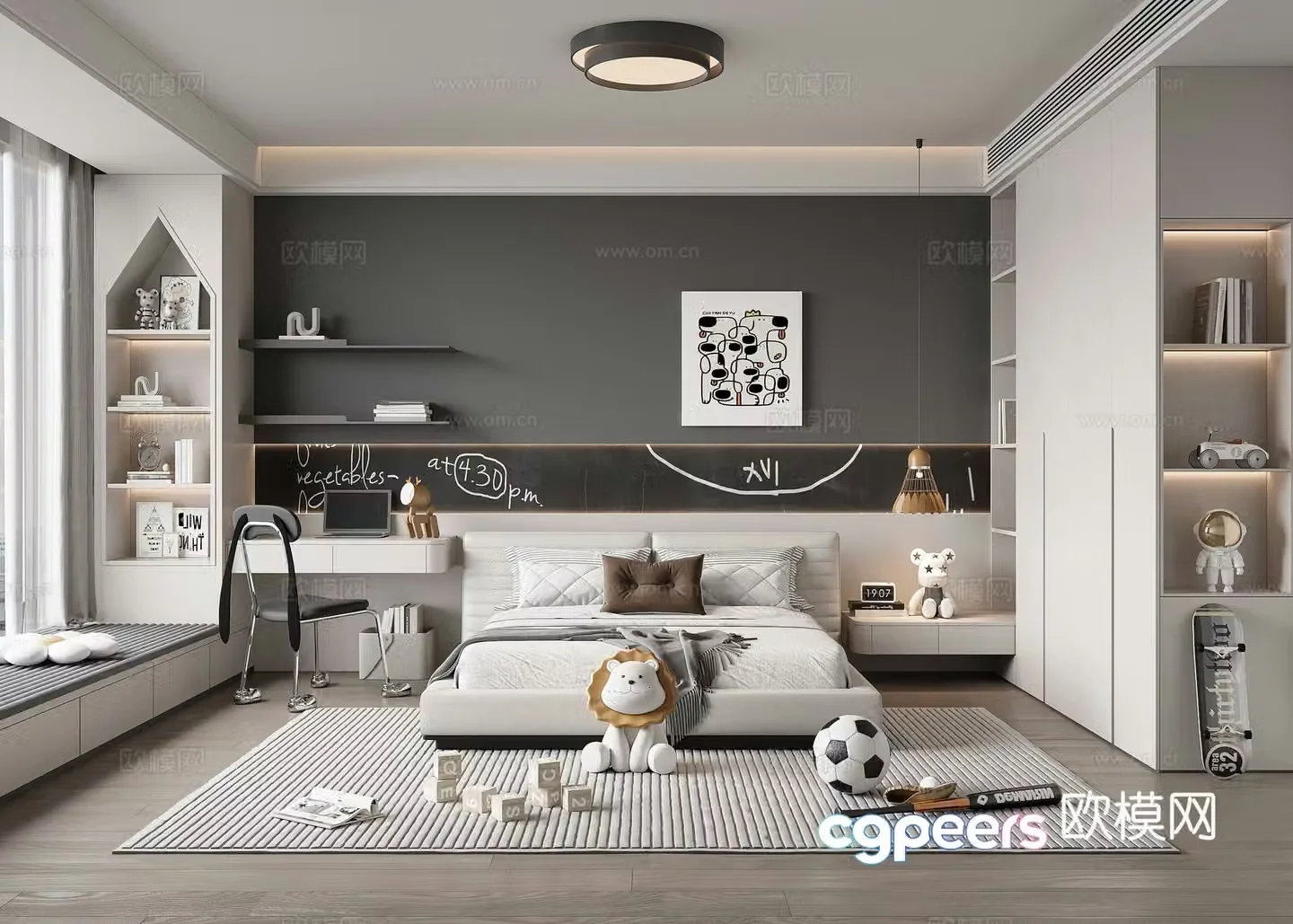 Modern boy children’s room children’s bed children’s wardrobe desk chair chandeliers ceiling lamp 3d model