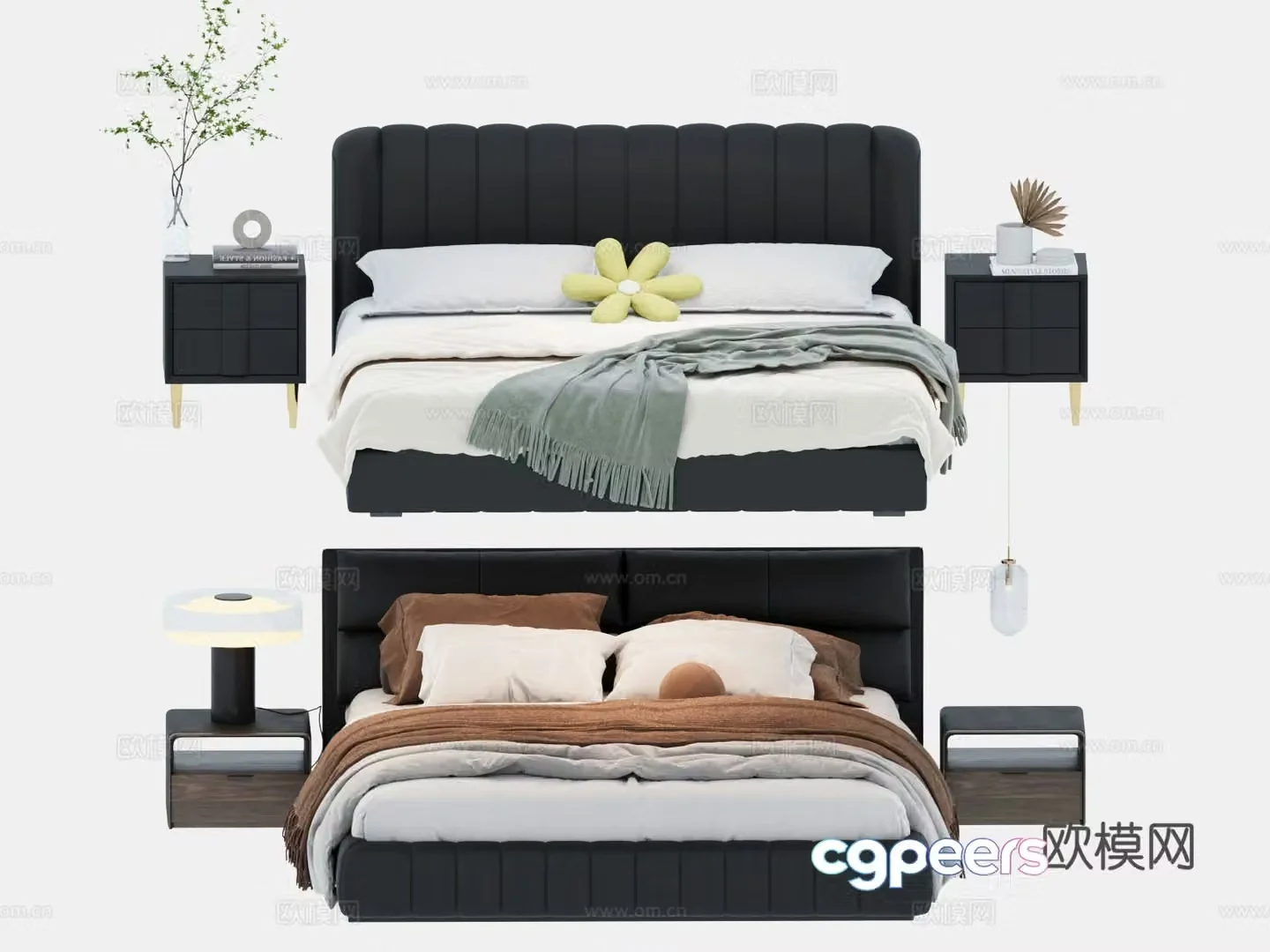 Modern double bed with headrest leather bed 3D model