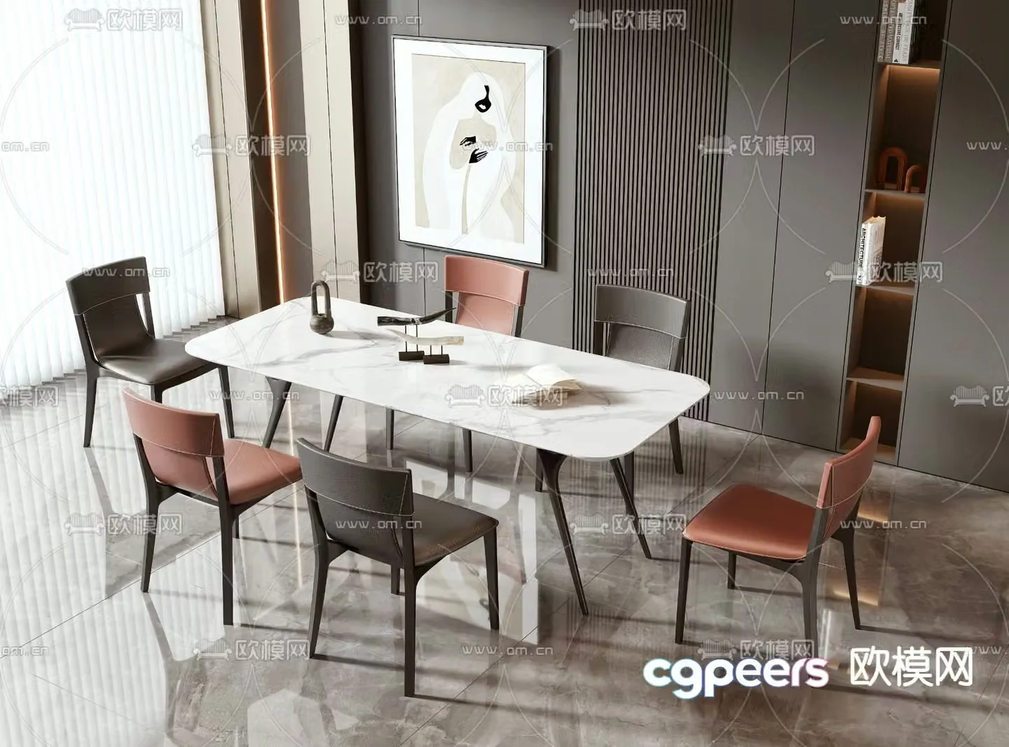 Long dining table and chairs 3d model