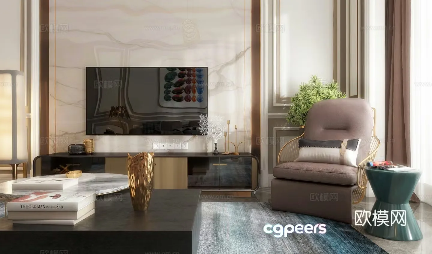 Modern light luxury living room dining table chair sofa coffee table chandeliers desktop ornaments 3D model of hanging paintings