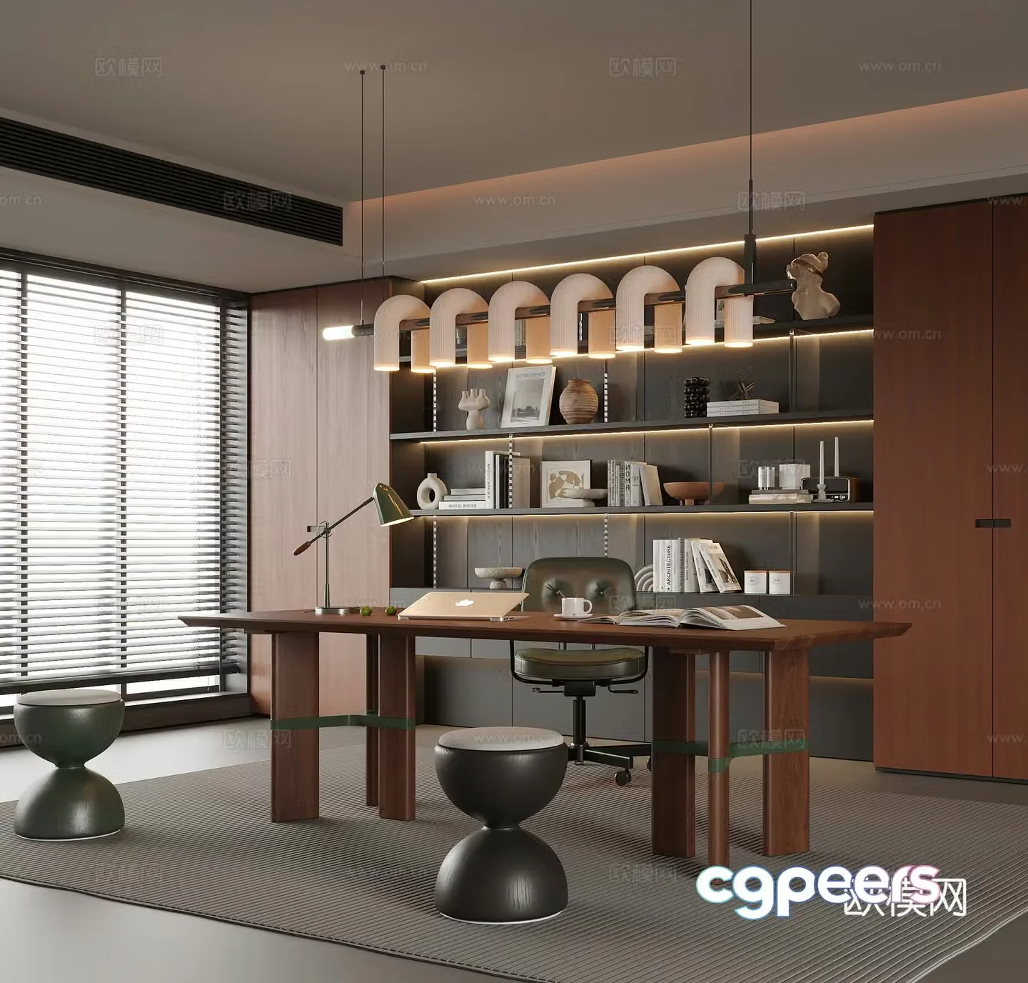 Modern study desk and chair bookcase 3d model