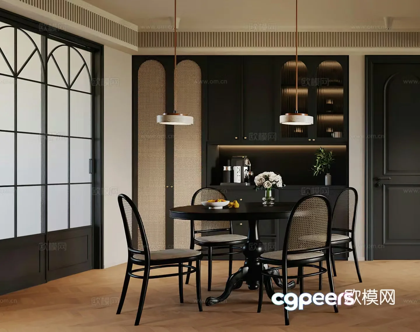 Medium style restaurant French restaurant Round dining table Wine cabinet Retro restaurant Medium style living restaurant 3d model