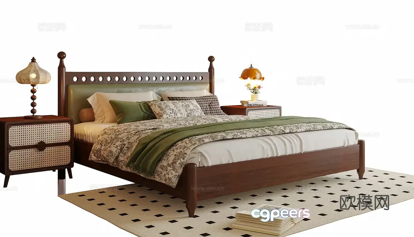 French double bed nightstand 3d model