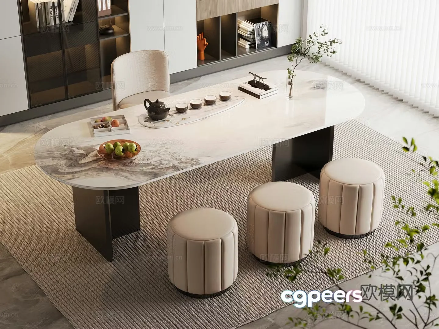 Modern tea table and chairs light luxury marble tea table and chairs rock-panel tea table tea table and sofa stool 3D model