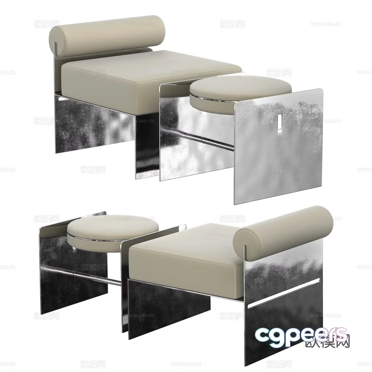 Modern Italian minimalist stainless steel metal lounge chair 3d model