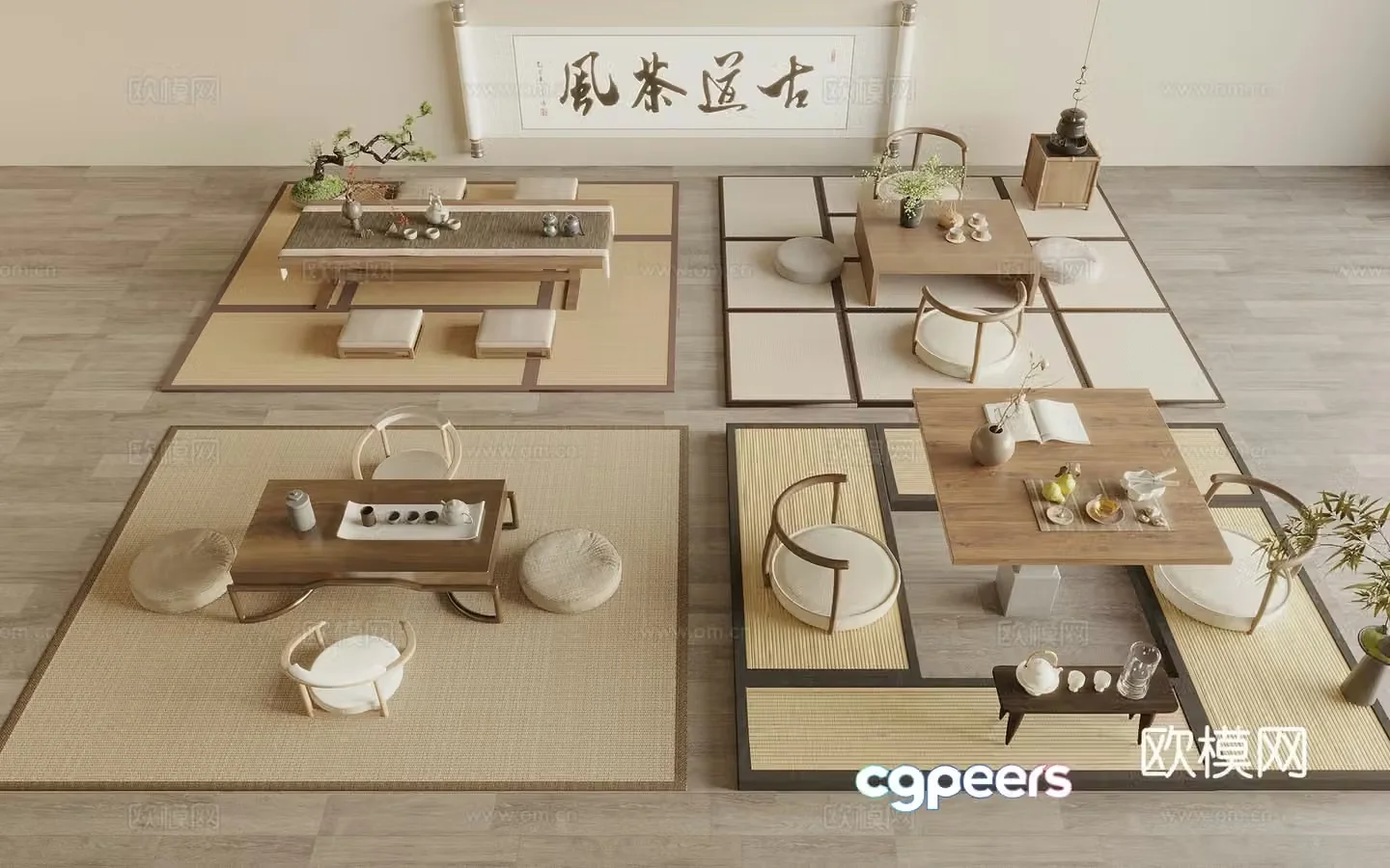 New Chinese tea table and chairs 3d model