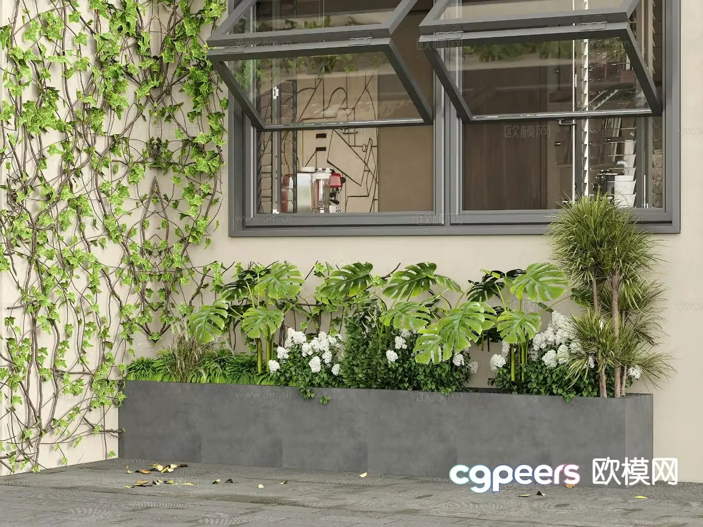 Outdoor flower bed flower box green plant push 3d model