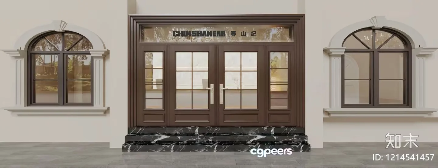 A Brown Door With Windows On Either Side 3D Model – 17769 – VRAY Render