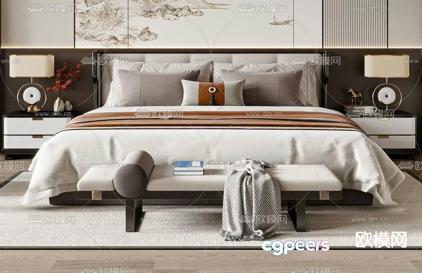 New Chinese style double bed 3d model