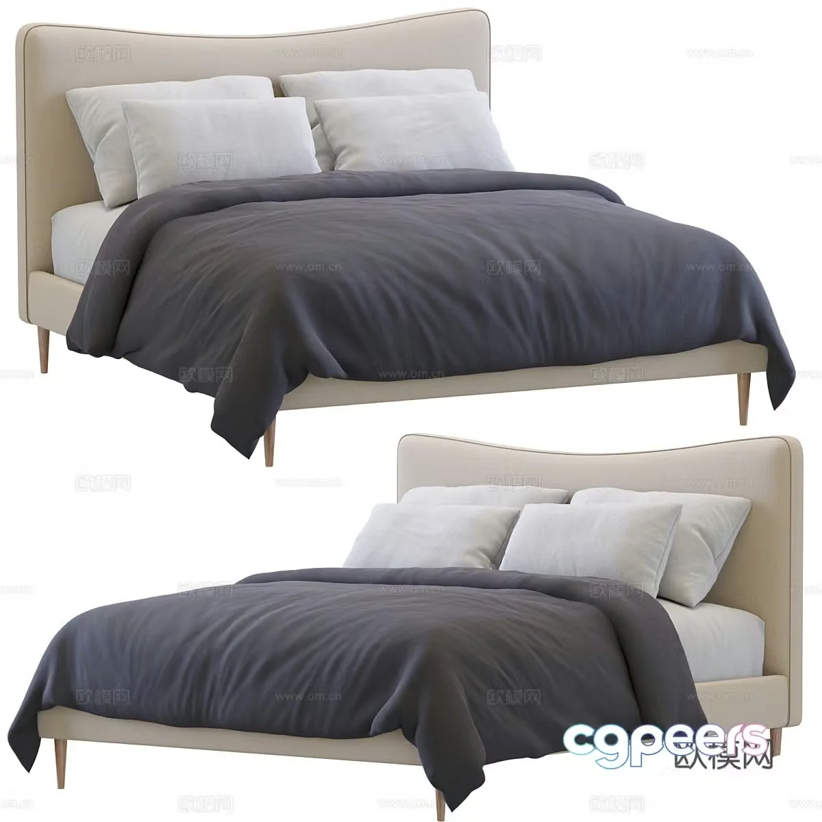 Modern cream style fabric double bed 3d model