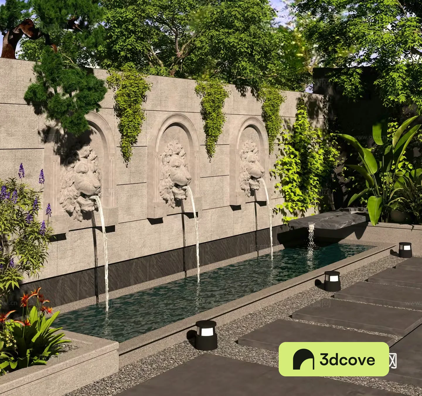 Modern courtyard sculpture garden water feature