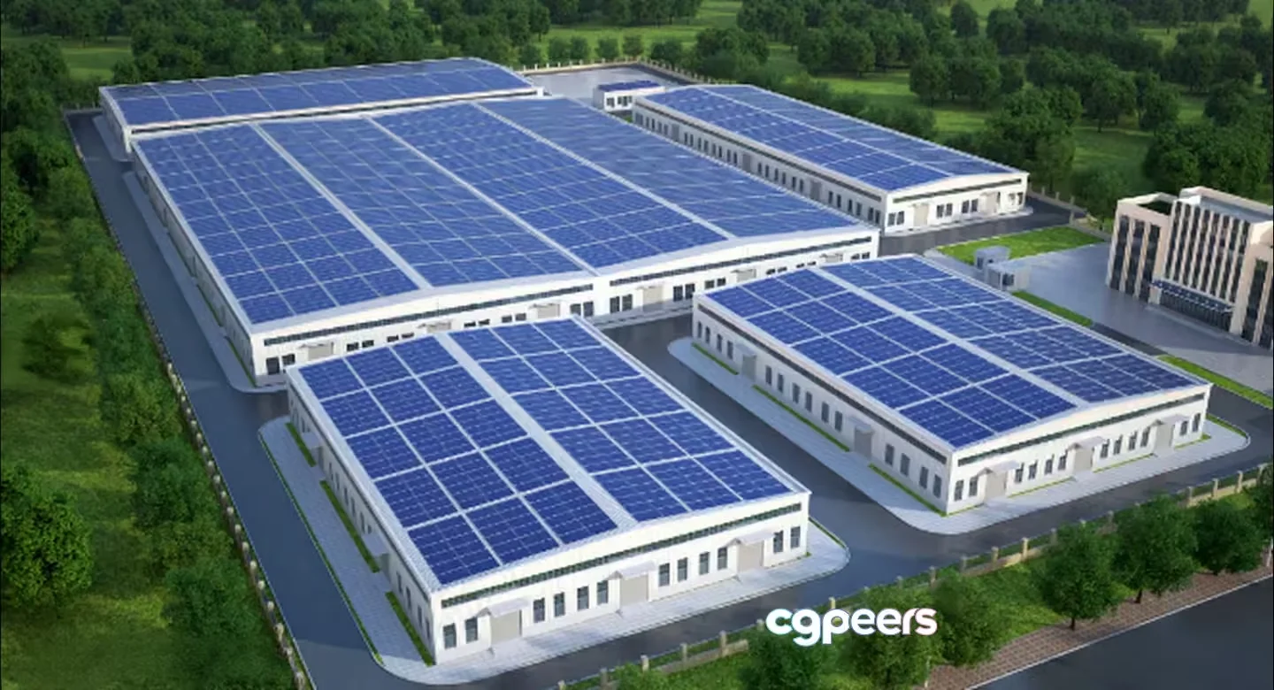 A Large Industrial Building With Solar Panels On The Roof 3D Model – 4025 – VRAY Render
