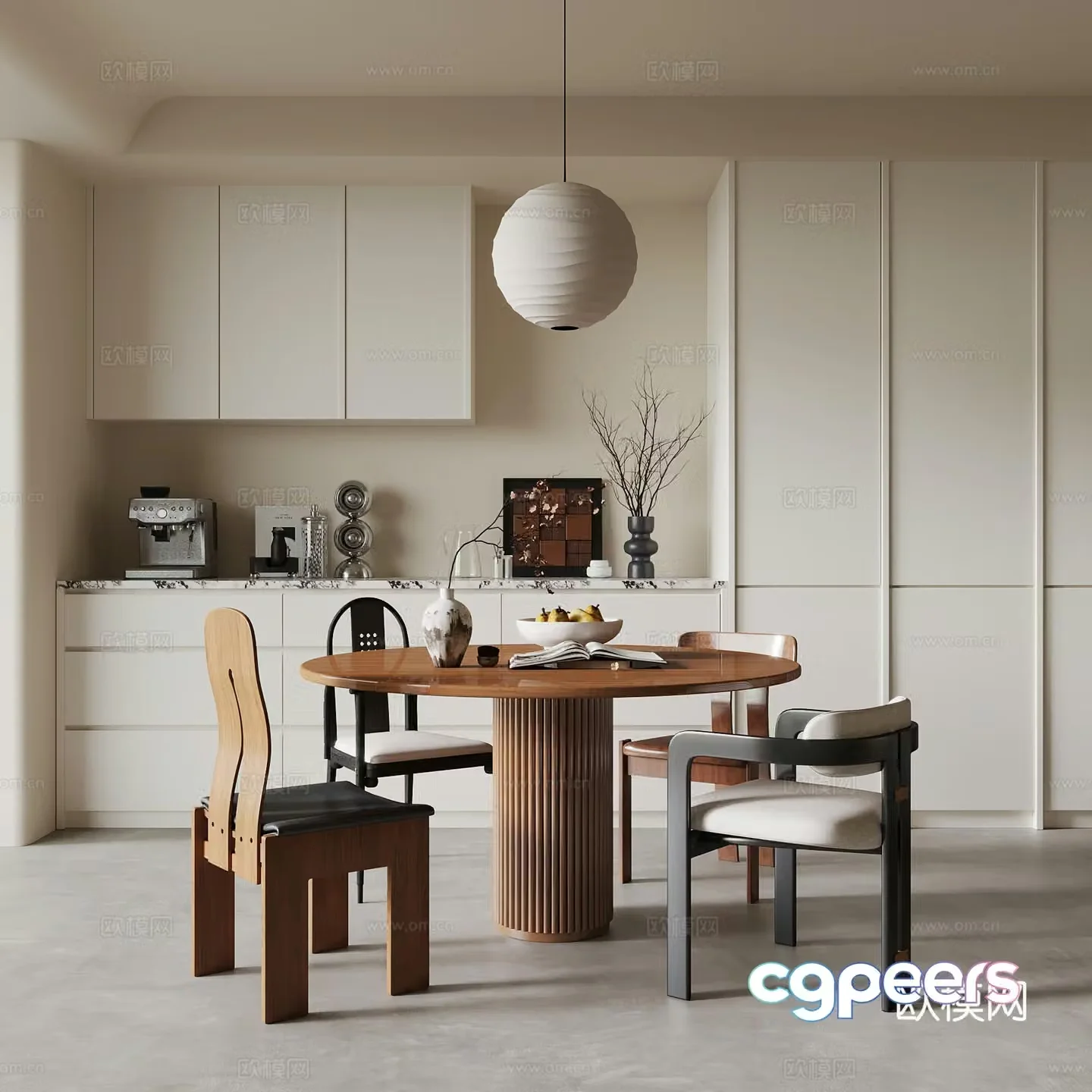 Middle style restaurant dining table chair wine cabinet 3d model