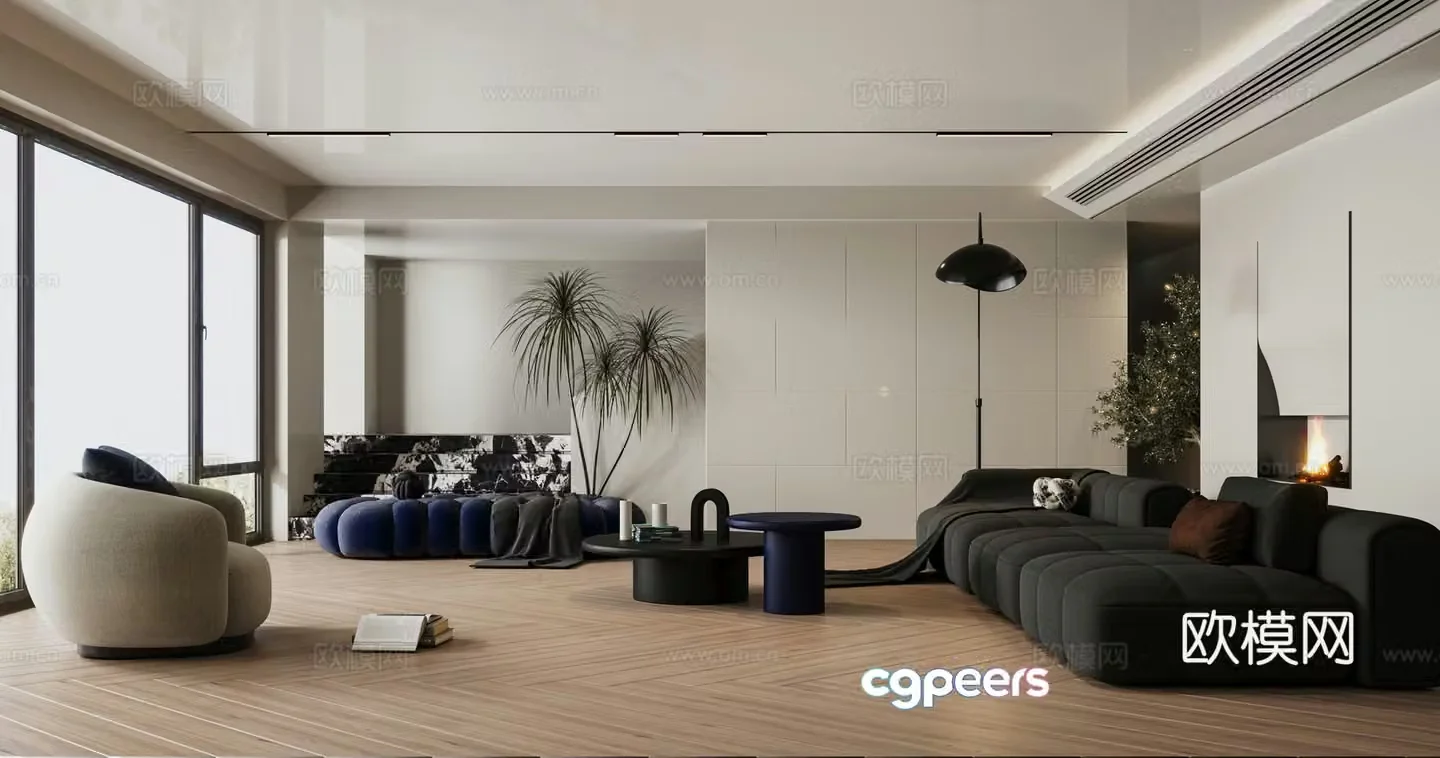 Modern minimalist black white and gray living room 3d model