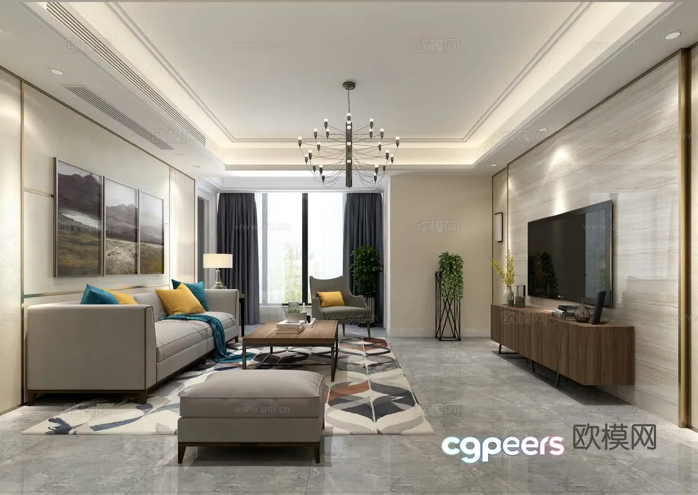 Modern living and dining room sofa decorative painting TV cabinet chandelier 3d model