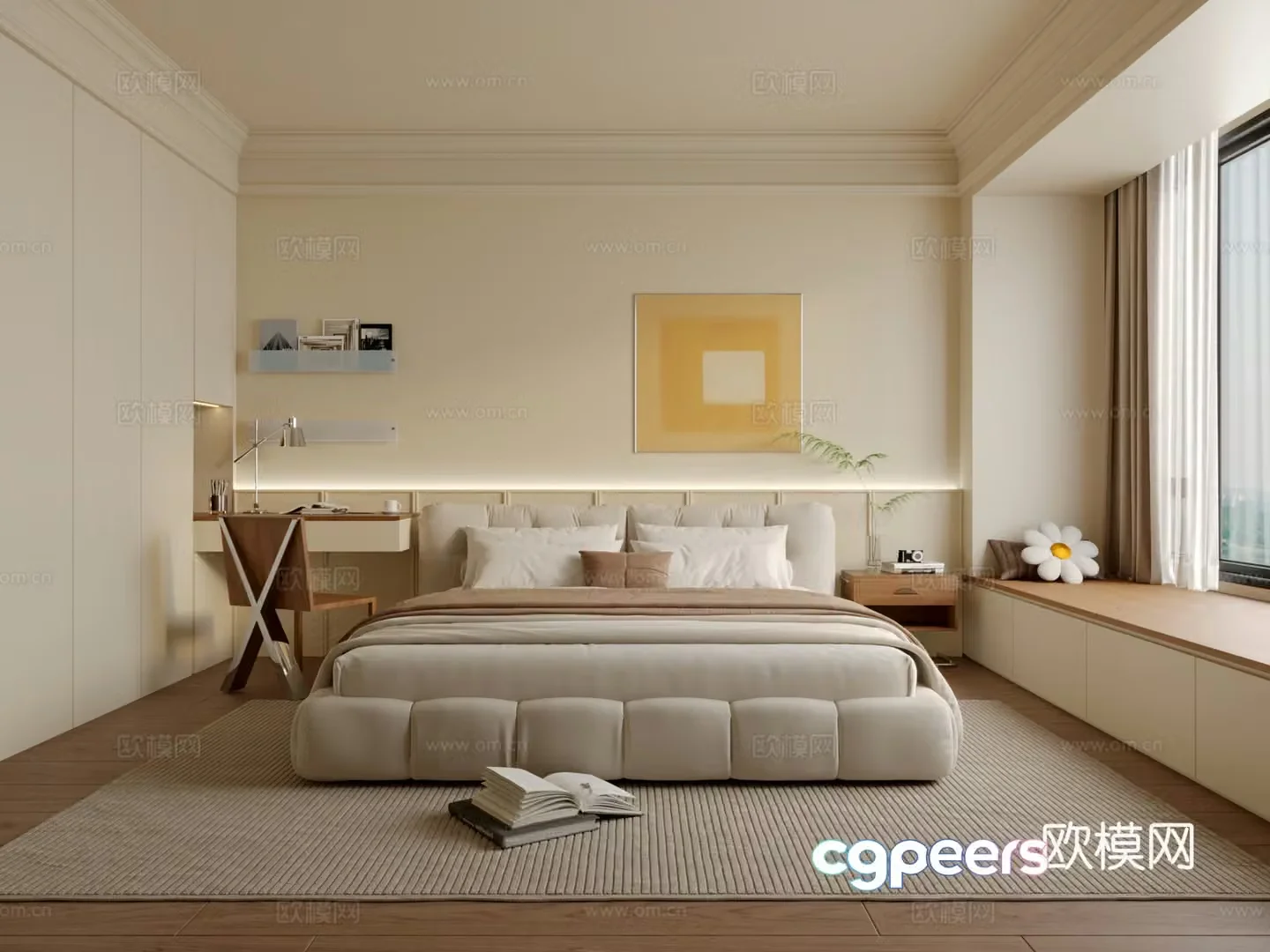 Modern creamy bedroom 3d model