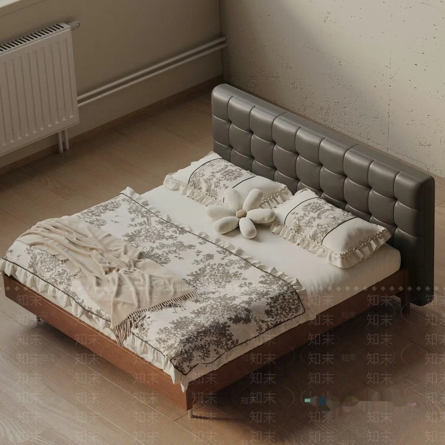 A Bed With A Gray Headboard 3D Model – 11571 – VRAY Render
