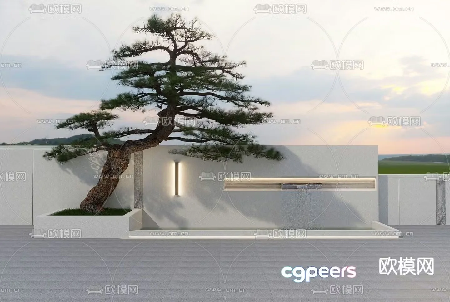 Modern flowing water feature wall pine tree 3D model