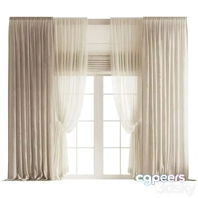 3ds Max Free – Draped Linen Curtains with Gathered Tulle and Roman Shade