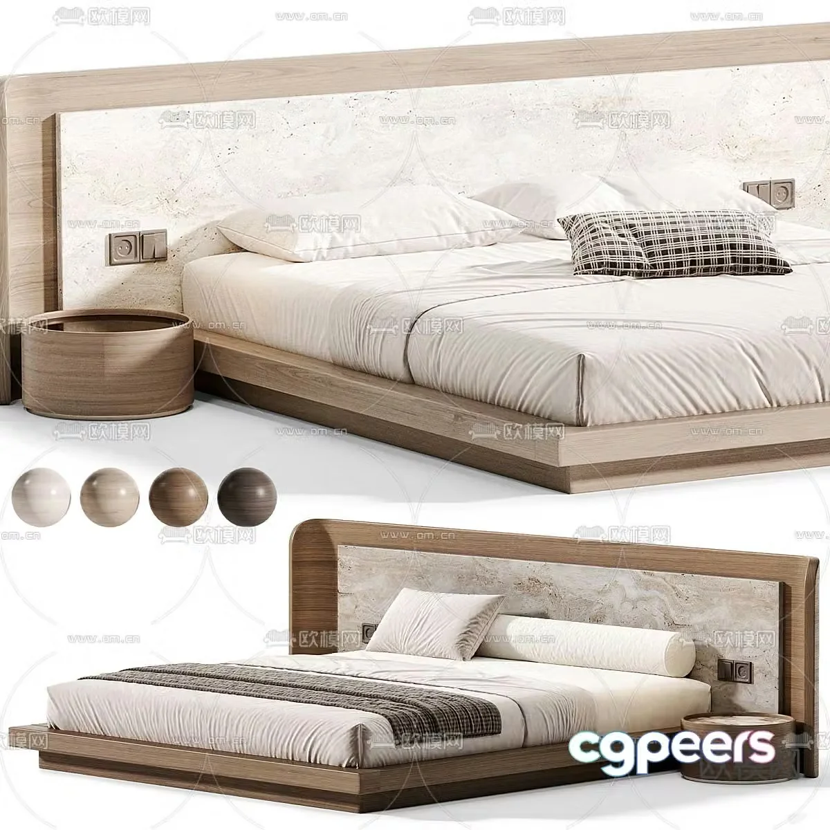 Modern double bed solid wood bed 3d model