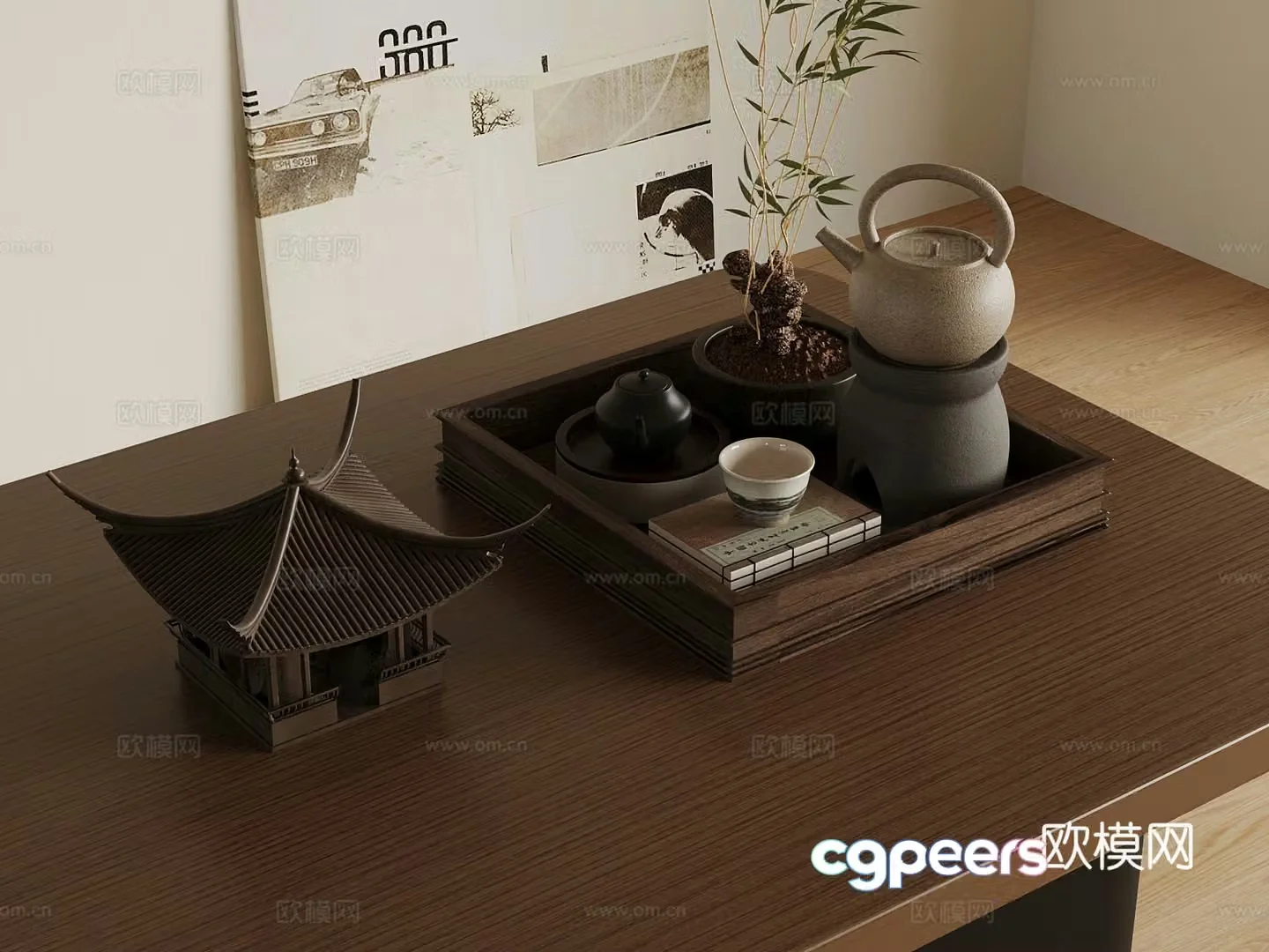 New Chinese style tea set teapot ancient building ornaments 3D model