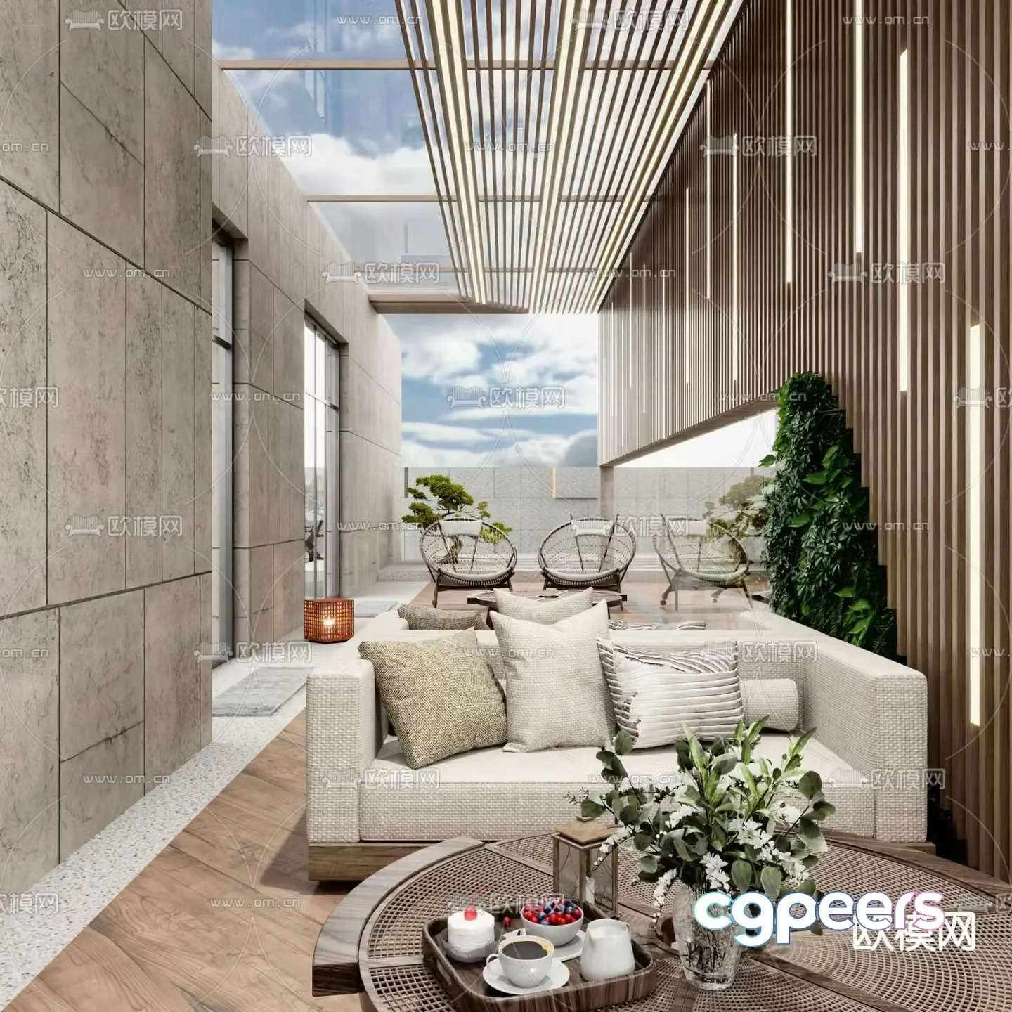 Modern balcony terrace roof garden 3d model
