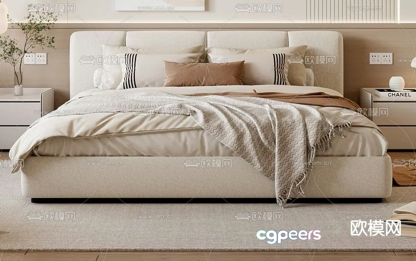 Cream style double bed 3d model