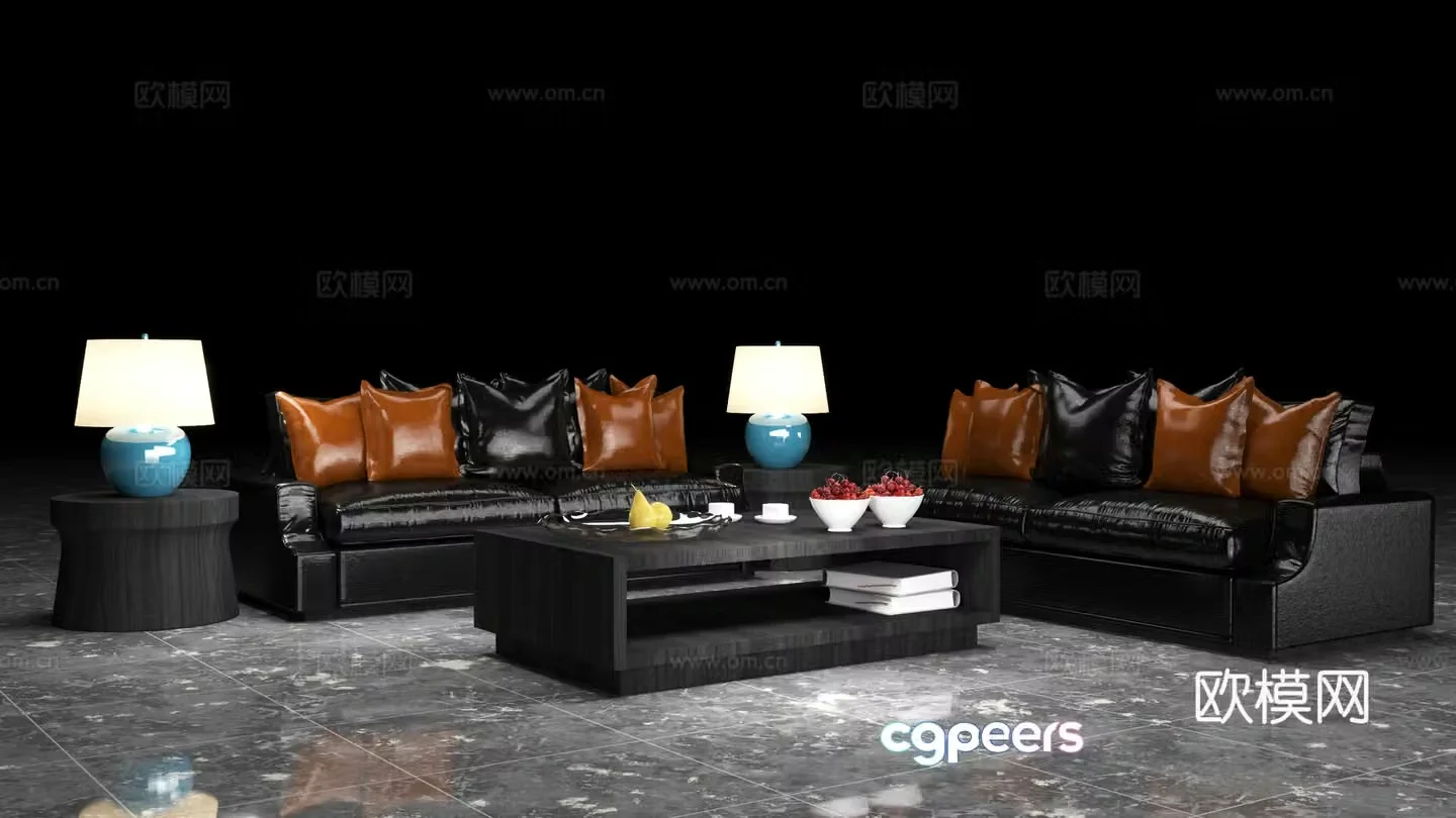 European-style simple living room sofa genuine leather sofa combination living room sofa coffee table combination multi-person sofa group 3D model
