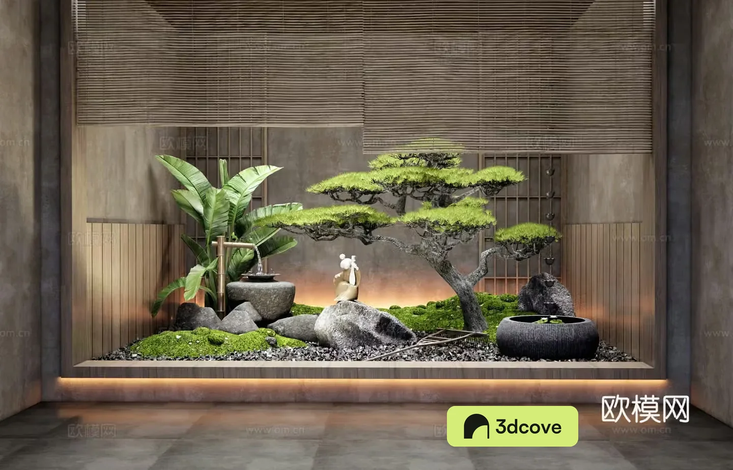 Japanese interior landscape water bowl water view moss landscape pine plant landscaping garden sketch