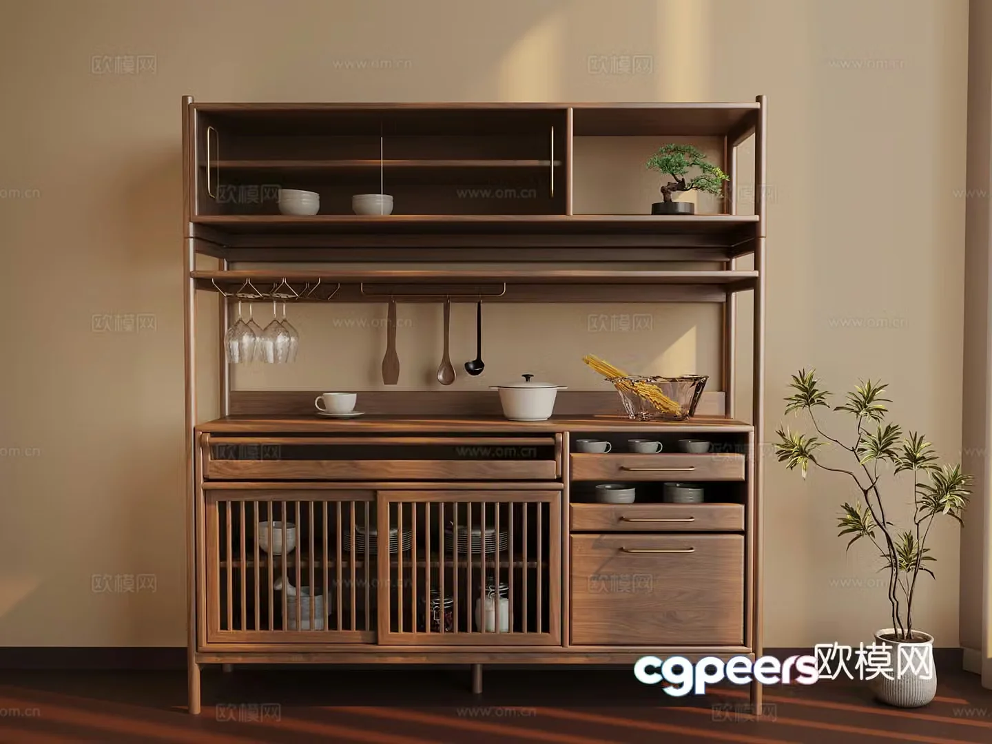 New Chinese-style tea cabinet green plants ornaments 3D model