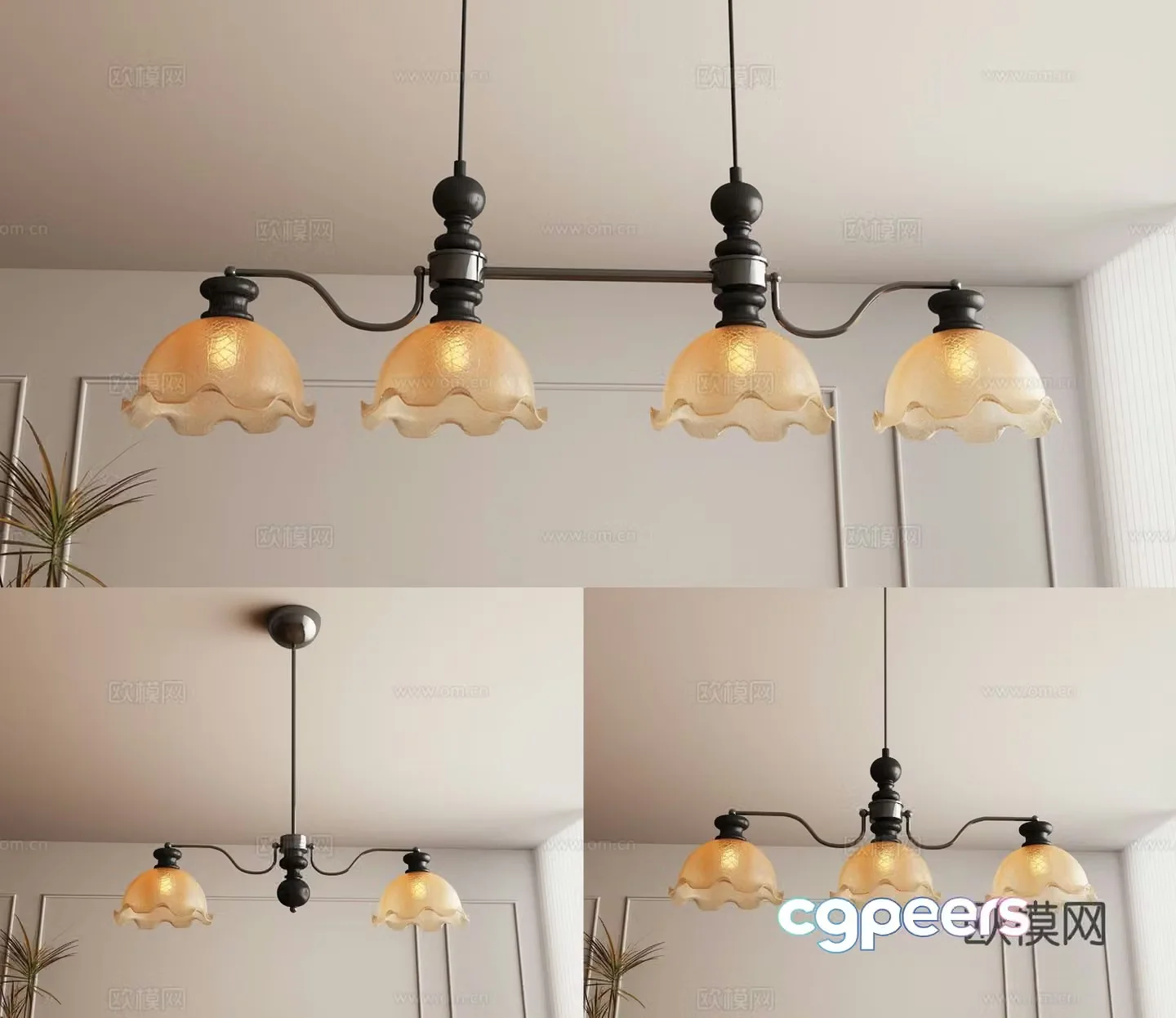 American style glazed multi-head chandelier 3d model