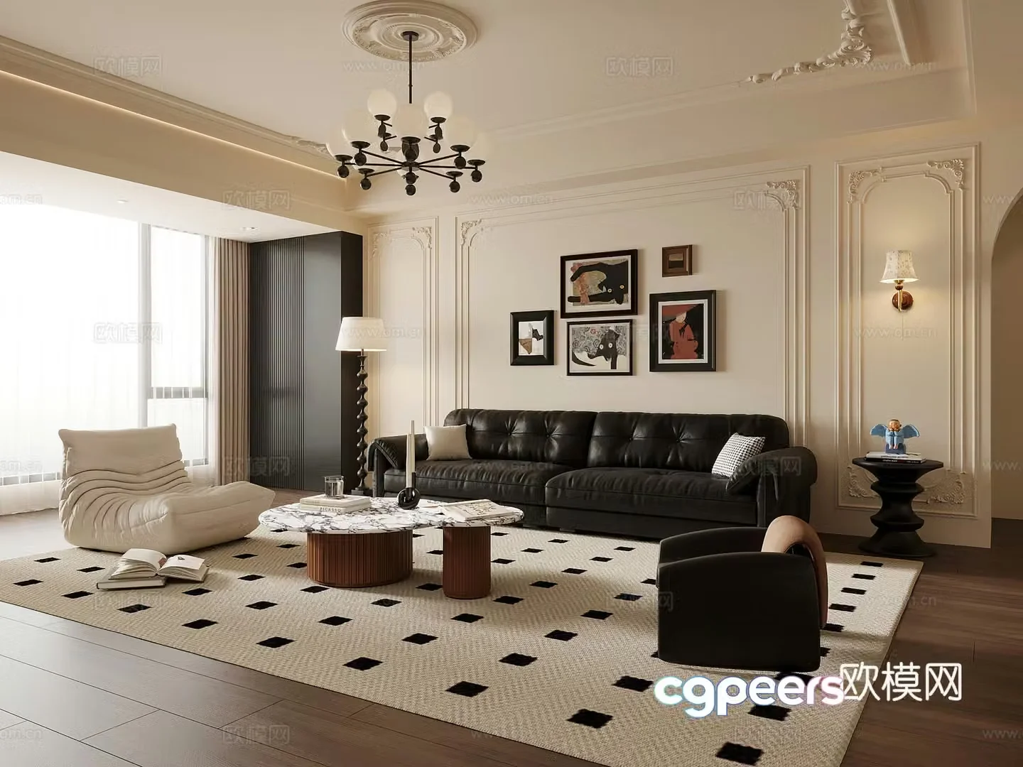 Living room French retro style living room Sofa background wall Sofa coffee table combination Floor lamp 3d model