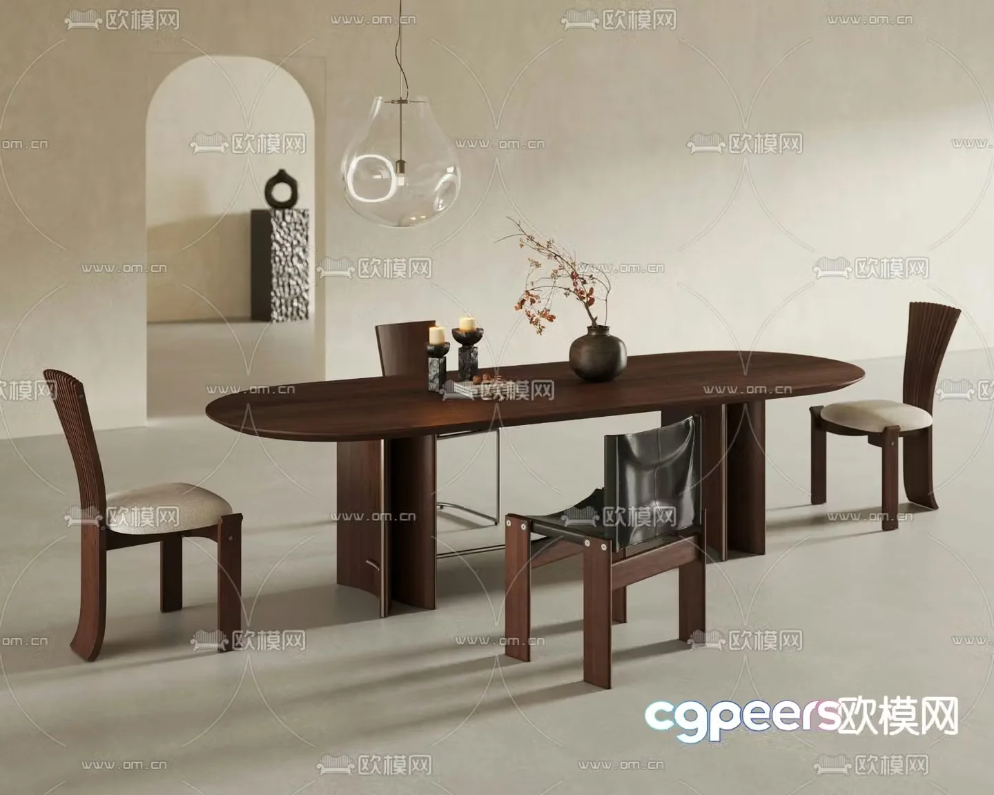 Wabi-sabi style long dining table and chairs 3D model