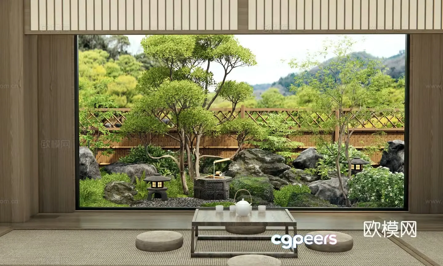 Japanese Zen courtyard landscape water bowl water view landscape stone plant landscape dry landscape tingling step 3D model