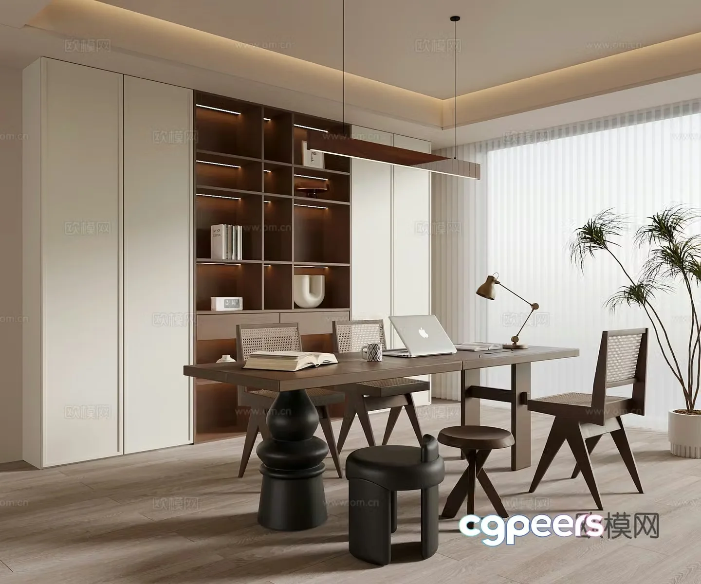 Middle-aged study bookcase desk and chair 3D model