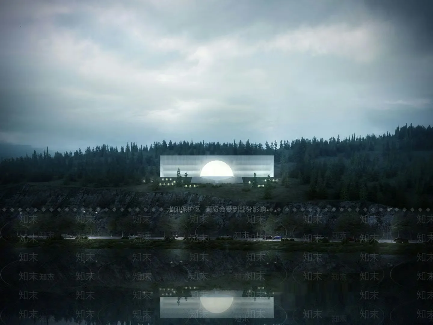 A Serene Landscape With A Large White Sun Surrounded By Trees And A Road 3D Model – 17124 – VRAY Render