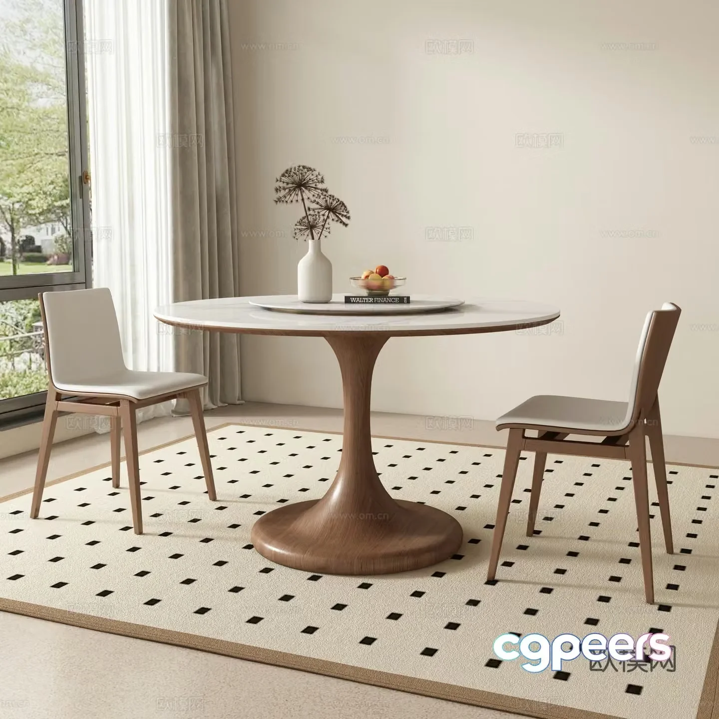 Medium style round dining table and chair 3D model