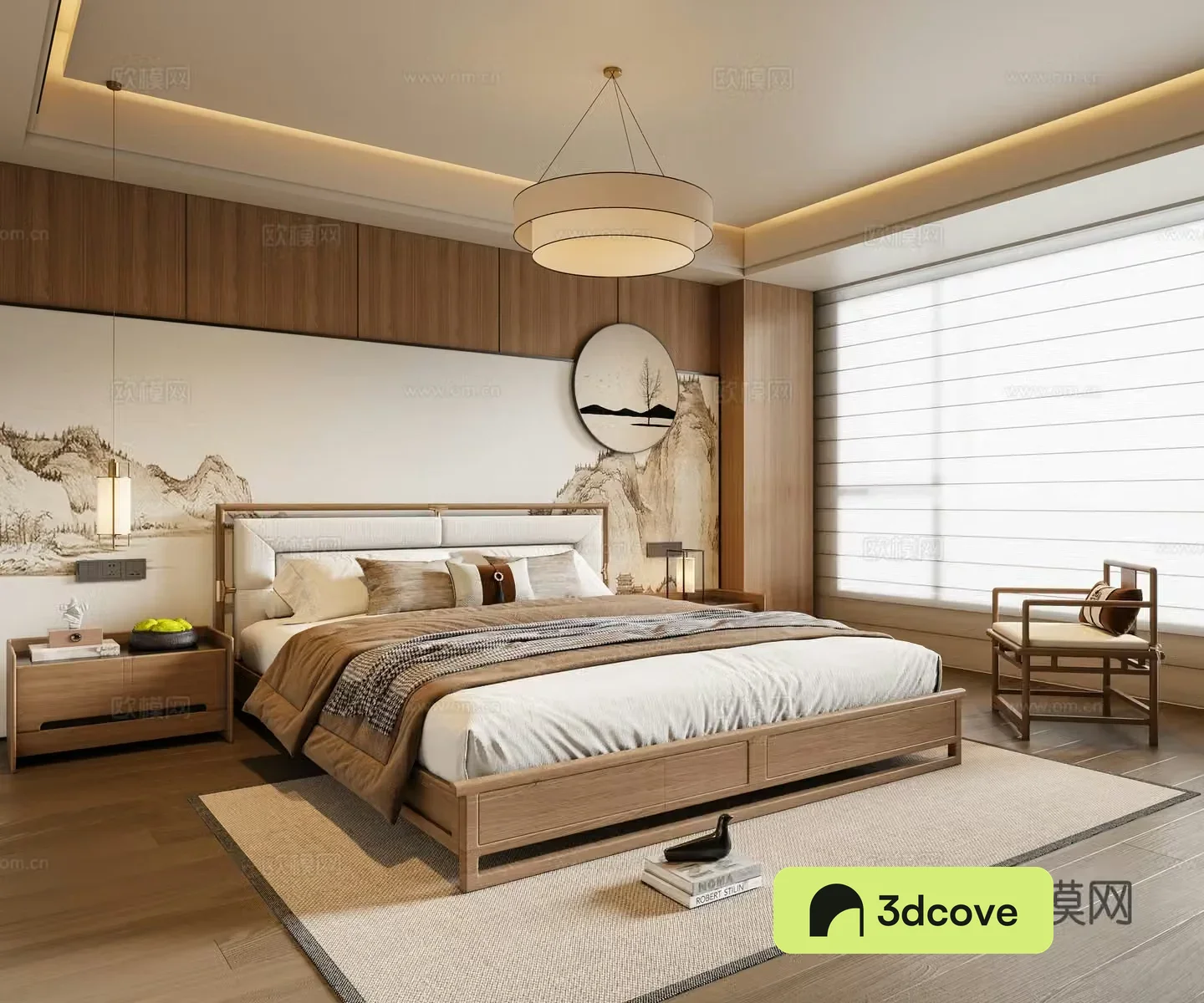 New Chinese style bedroom solid wood double bed bedside table chandeliers leisure chair hanging painting