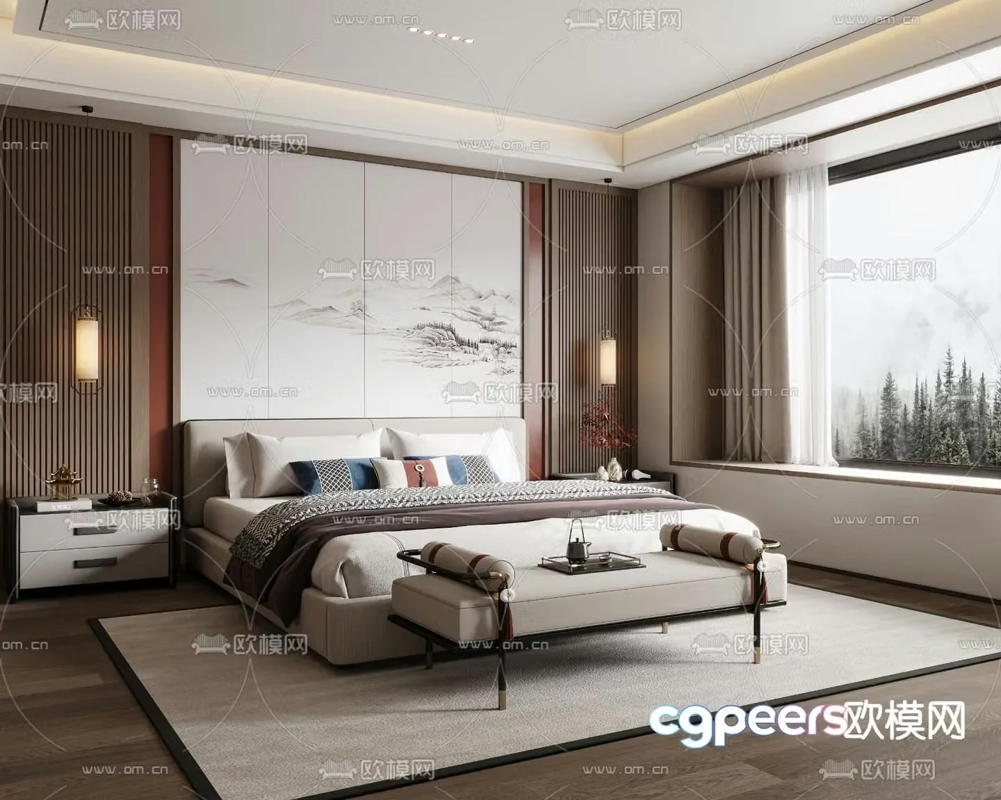 New Chinese style bedroom double bed fabric double bed 3d model