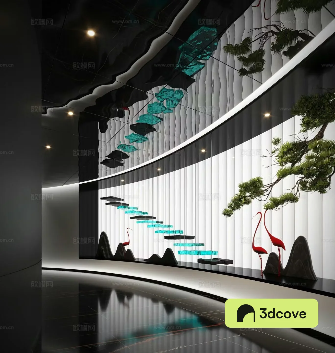 New Chinese Zen Art Installation Upside down Pine Tree Indoor Landscape Stone